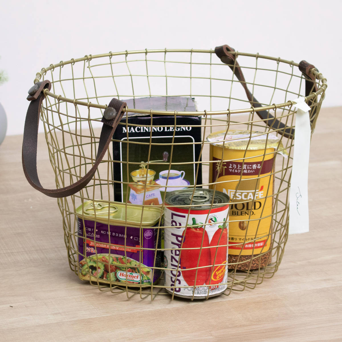 シトア ワイヤーバスケット レザーハンドル ラウンド バスケット かご ( 収納 カゴ 籠 丸型 収納バスケット 小物入れ ハンドメイド 小物収納 ワイヤー 鉄 アイアン おしゃれ オシャレ かわいい カワイイ シンプル ベーシック )