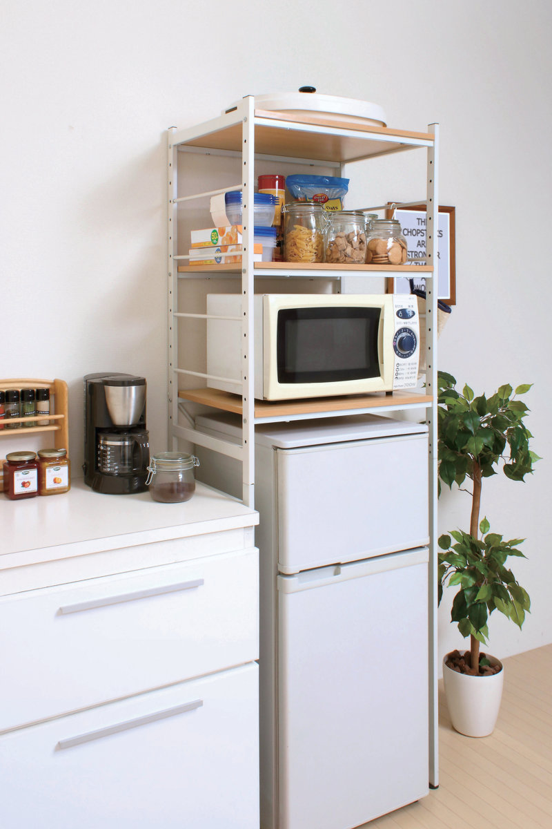 冷蔵庫ラック スチールフレーム 木目調天板 幅58cm （ 冷蔵庫上ラック