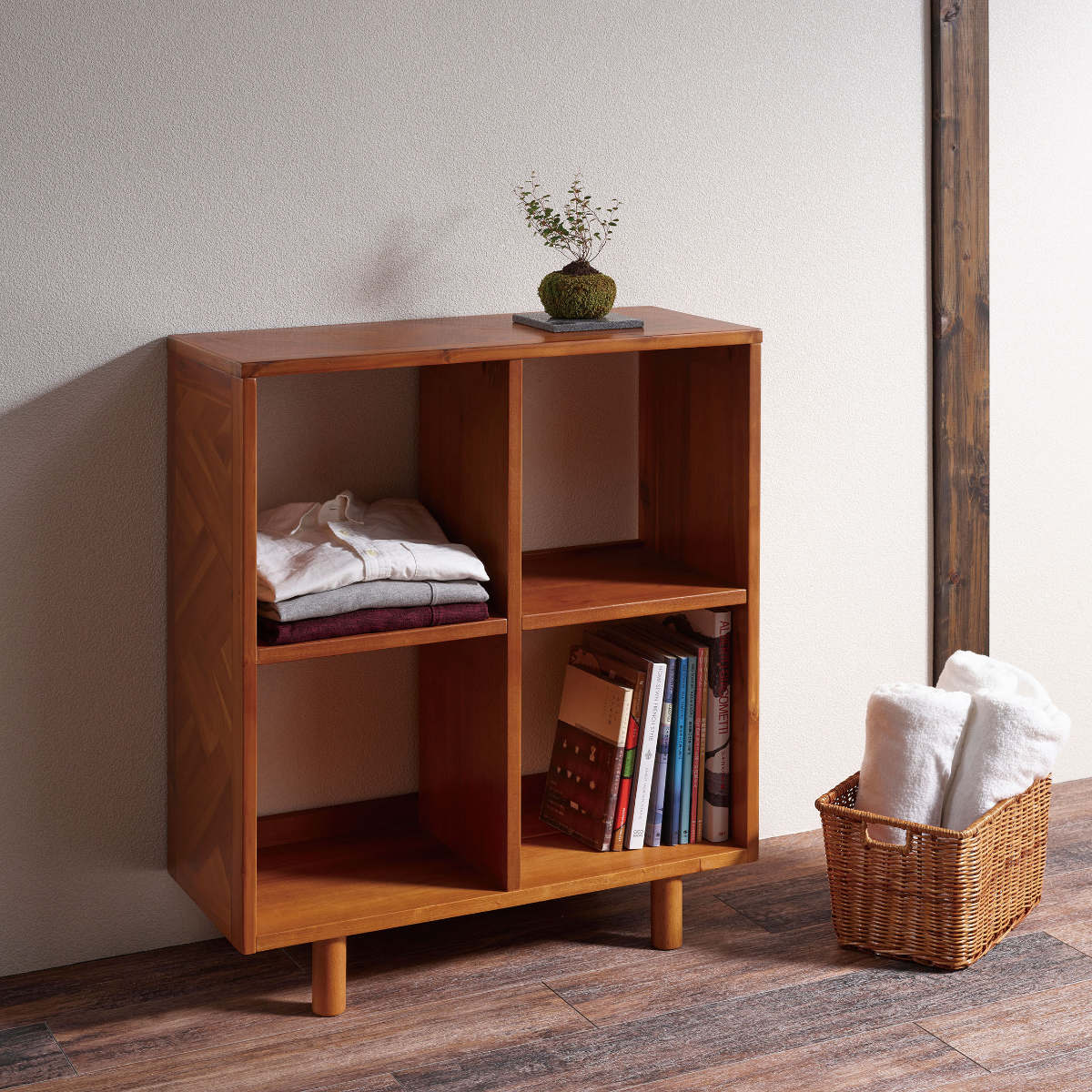 オープンラック 幅70cm 2段 寄木突板 ヴィンテージ調 HENT ( ヘント 棚 幾何学柄 ラック A4対応 収納 天然木 木製 家具 シェルフ 飾り棚 本棚 書棚 )