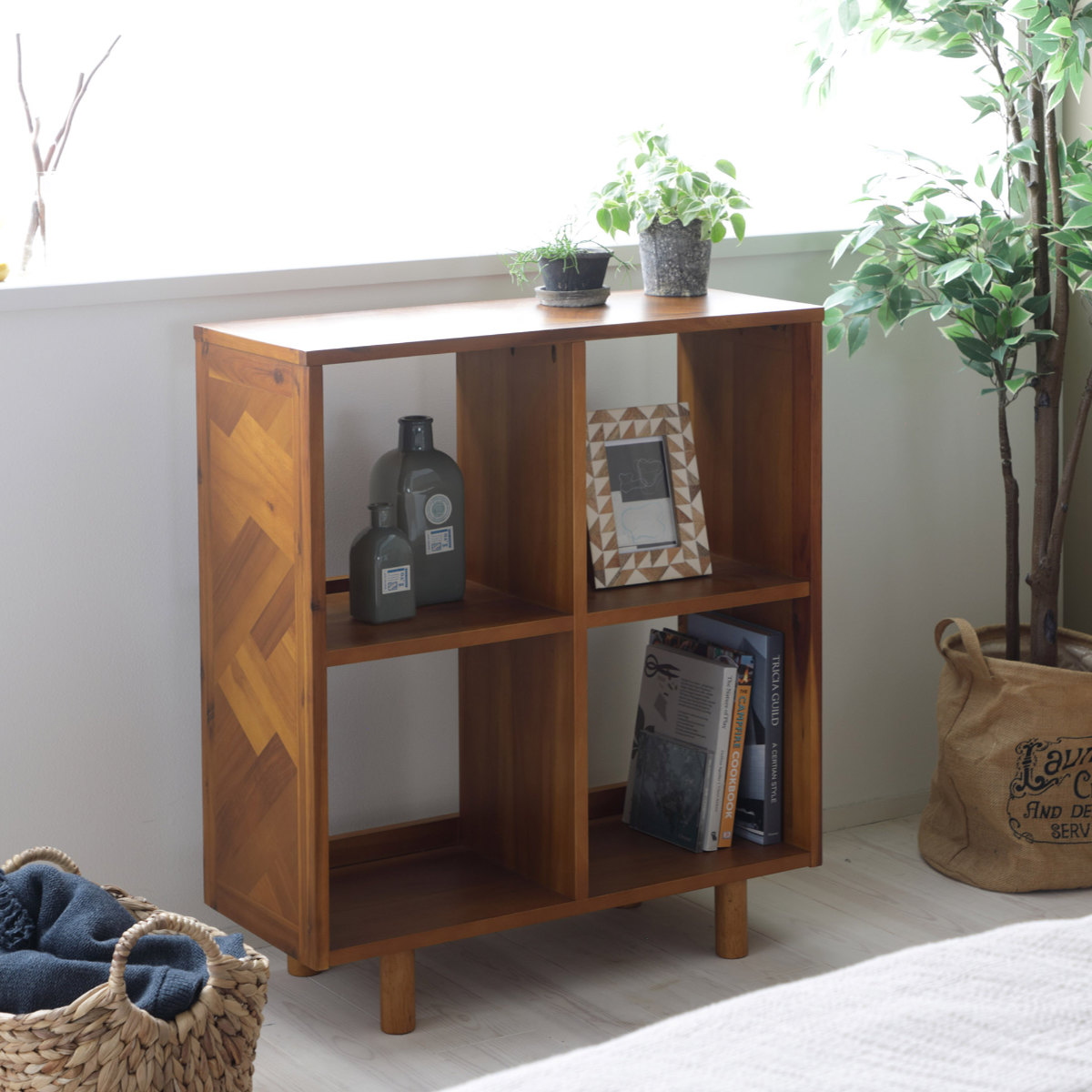 オープンラック 幅70cm 2段 寄木突板 ヴィンテージ調 HENT ( ヘント 棚 幾何学柄 ラック A4対応 収納 天然木 木製 家具 シェルフ 飾り棚 本棚 書棚 )