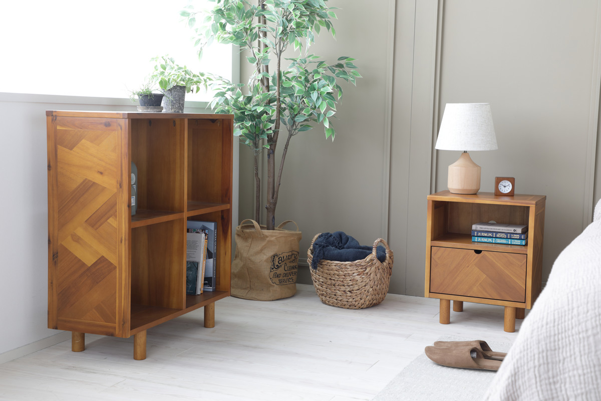 オープンラック 幅70cm 2段 寄木突板 ヴィンテージ調 HENT ( ヘント 棚 幾何学柄 ラック A4対応 収納 天然木 木製 家具 シェルフ 飾り棚 本棚 書棚 )