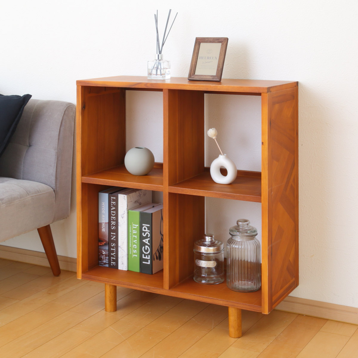 オープンラック 幅70cm 2段 寄木突板 ヴィンテージ調 HENT ( ヘント 棚 幾何学柄 ラック A4対応 収納 天然木 木製 家具 シェルフ 飾り棚 本棚 書棚 )