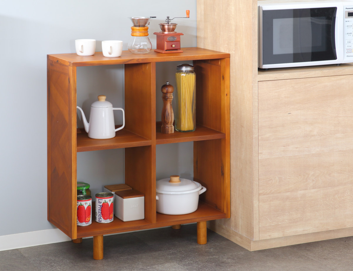 オープンラック 幅70cm 2段 寄木突板 ヴィンテージ調 HENT ( ヘント 棚 幾何学柄 ラック A4対応 収納 天然木 木製 家具 シェルフ 飾り棚 本棚 書棚 )