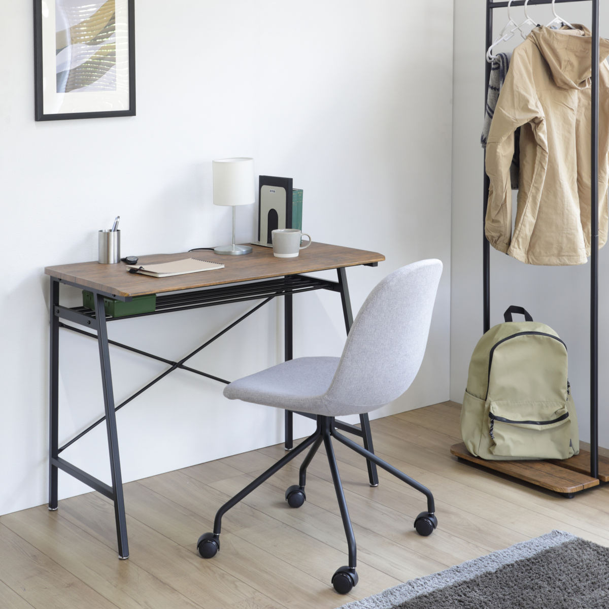 ワークデスク ヴィンテージ調 スチールフレーム 幅90cm ( デスク パソコンデスク PCデスク 机 つくえ 学習机 幅 90 作業台 木目調 天板下 収納 配線穴付き アジャスター付き 勉強机 リビングデスク 作業机 在宅 )