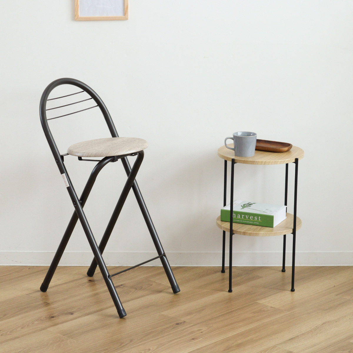 折りたたみ椅子 座面高58cm 背もたれ付 フォールディングハイチェア ( カウンターチェア ハイタイプ ハイチェア バーチェア キッチン 丸 木製 座面 スチール シンプル おしゃれ ) 【ブラック×ブラウン】 ブラック×ブラウン