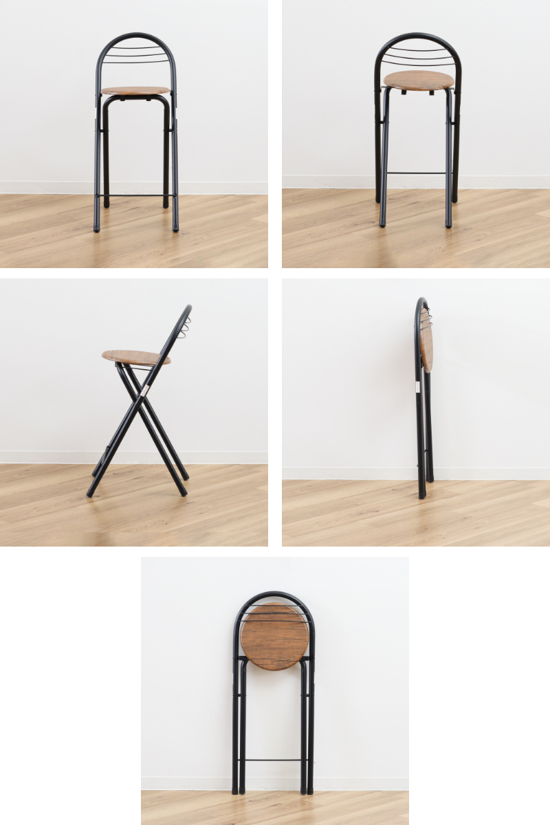 折りたたみ椅子 座面高58cm 背もたれ付 フォールディングハイチェア ( カウンターチェア ハイタイプ ハイチェア バーチェア キッチン 丸 木製 座面 スチール シンプル おしゃれ ) 【ブラック×ブラウン】 ブラック×ブラウン