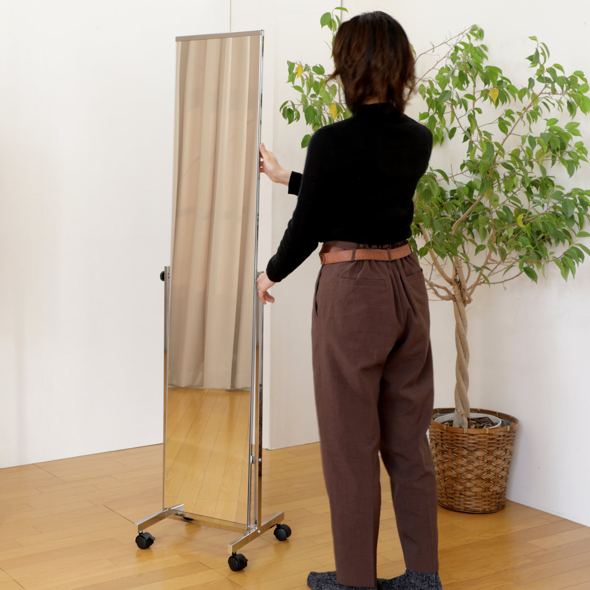 スタンドミラー シルバー ( キャスター付き 角度調節 ノンフレーム 飛散防止加工 ミラー 鏡 姿見 全身鏡 シンプル スタイリッシュ )