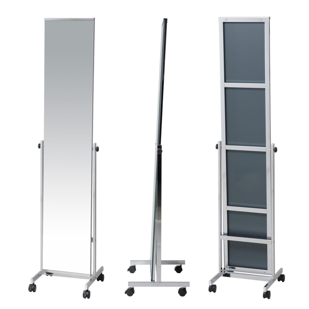 スタンドミラー シルバー ( キャスター付き 角度調節 ノンフレーム 飛散防止加工 ミラー 鏡 姿見 全身鏡 シンプル スタイリッシュ )