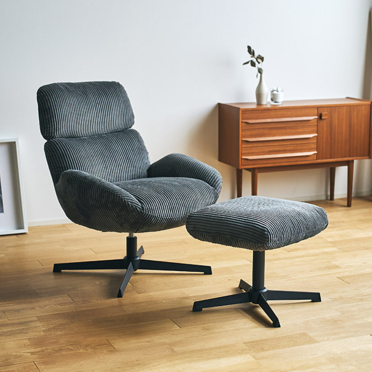 チェア 座面高45cm 回転 オットマン付き ベイム パーソナルチェア ( チェアー イス 椅子 いす コーデュロイ ファブリック 足置き ソファ 1人掛け リラックス 座り心地 快適 リビングチェア )
