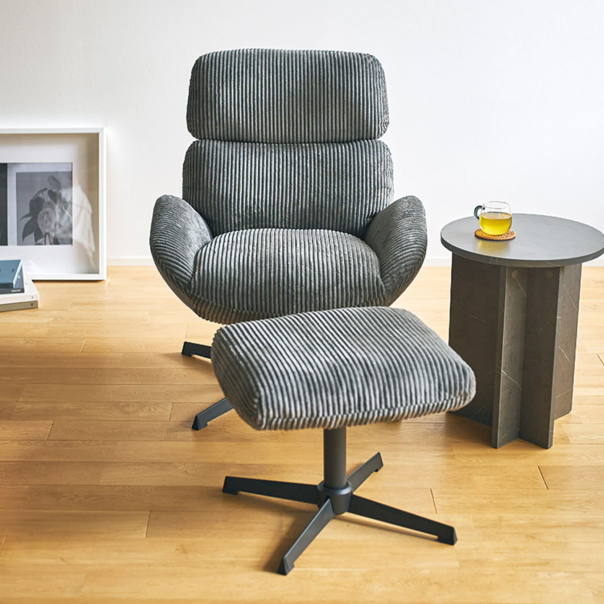 チェア 座面高45cm 回転 オットマン付き ベイム パーソナルチェア ( チェアー イス 椅子 いす コーデュロイ ファブリック 足置き ソファ 1人掛け リラックス 座り心地 快適 リビングチェア )