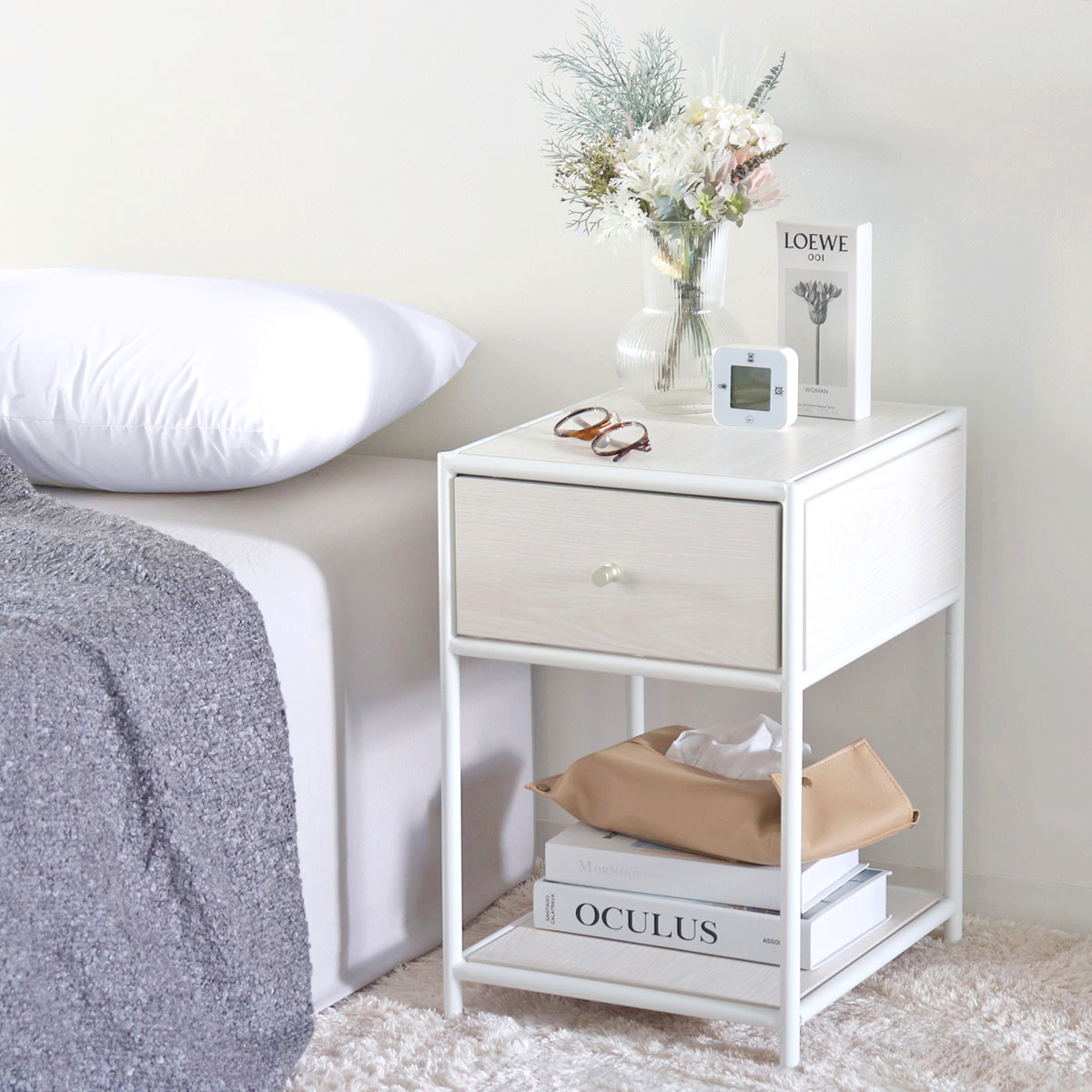 【在庫処分特価】サイドテーブル 北欧 収納 木製 高さ50.5cm 韓国風インテリア 引き出し付き 木目 ( LH17669 ナイトテーブル ベッドサイド 白 ホワイト ナチュラル シンプル かわいい 玄関 寝室 リビング )