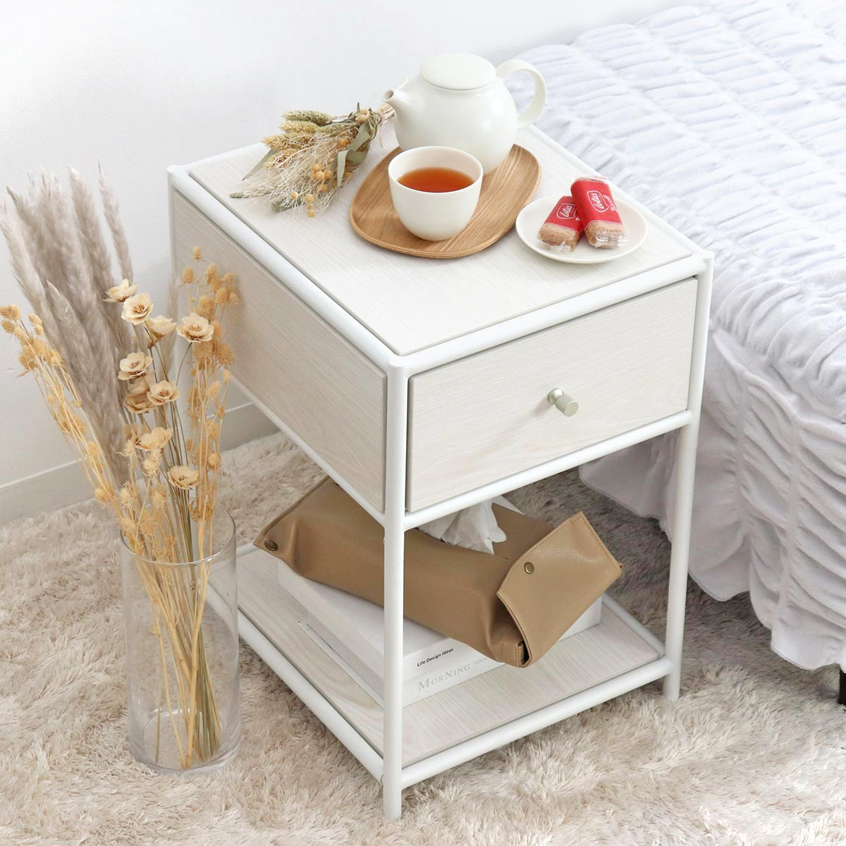 【在庫処分特価】サイドテーブル 北欧 収納 木製 高さ50.5cm 韓国風インテリア 引き出し付き 木目 ( LH17669 ナイトテーブル ベッドサイド 白 ホワイト ナチュラル シンプル かわいい 玄関 寝室 リビング )
