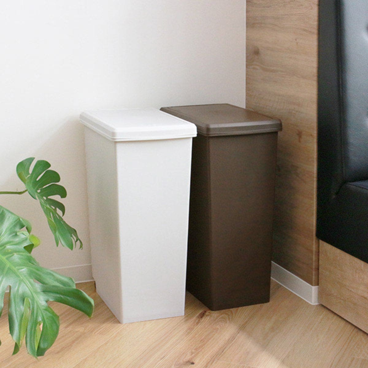 ゴミ箱 45L 同色2個セット スライドペール 無地 ふた付き ( ごみ箱 45リットル スリム スライド蓋 キッチン 分別 縦型 2個 まとめ買い セット ダストボックス 蓋つき キャスター付き 袋止め付き シンプル おしゃれ ) 【ブラウン】 ブラウン