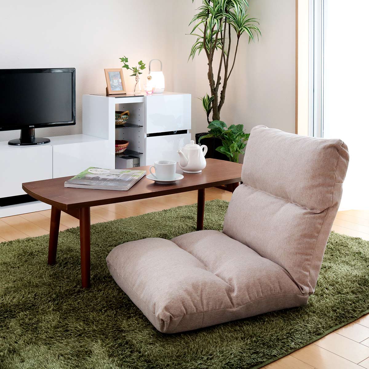 座椅子 幅47cm リクライニング 14段階 高反発 ウレタン ファブリック ( コンパクト 座いす 座イス チェア フロアチェア 1人掛け へたりにくい フラット 北欧風 ) 【ベージュ】 ベージュ