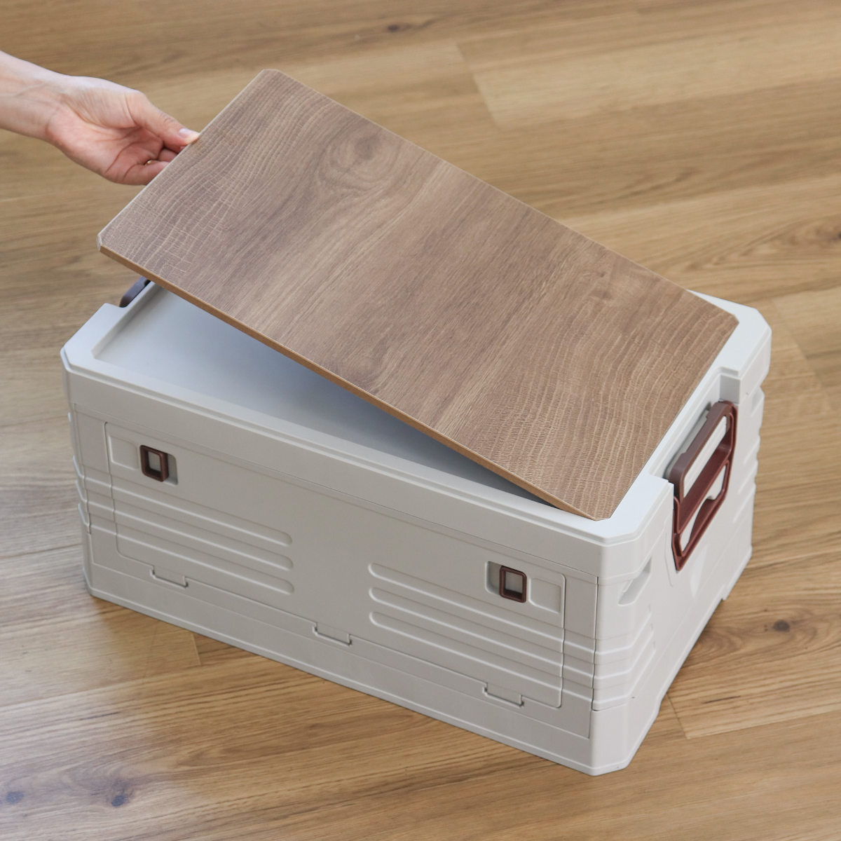 天板付コンテナボックス S 収納ボックス ( 収納ケース 収納 ボックス 前開き 折りたたみコンテナ コンパクト 積み重ね ふた付き 天板付き 取り外し テーブル スタッキング プラスチック ストッカー アウトドア ) 【ブラウン】 ブラウン