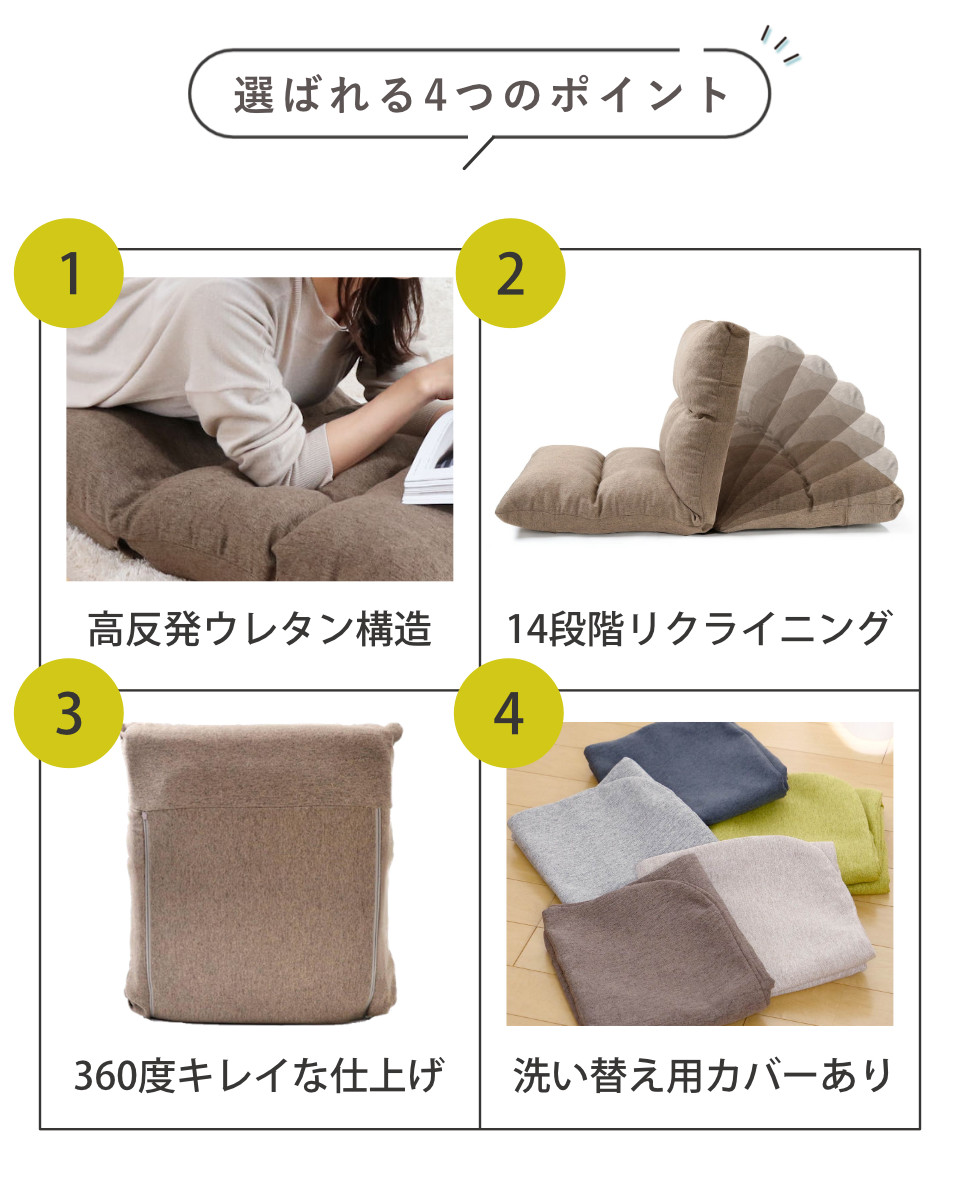 座椅子 幅47cm 専用カバーセット リクライニング 14段階 ( コンパクト 座いす 座イス チェア フロアチェア 1人掛け へたりにくい フラット カバー付き ウレタン 北欧風 おしゃれ リクライニングチェア 座り心地 快適 ごろ寝 お昼寝 ) 【グリーン】 グリーン