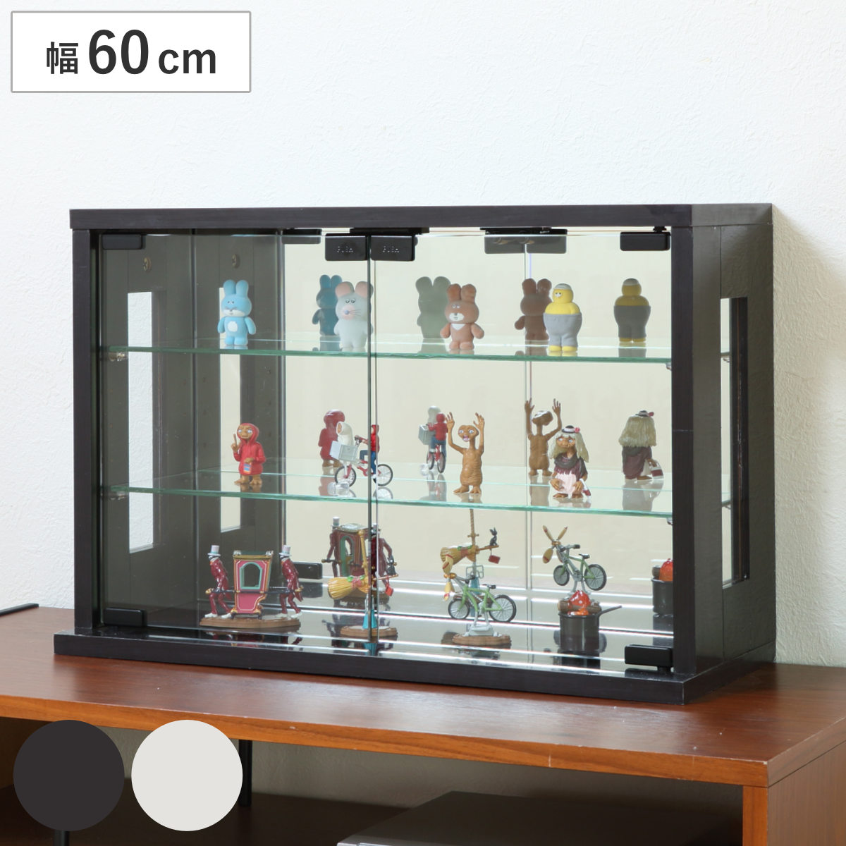 卓上コレクションケース 幅60cm 横型 ガラス （ コレクションラック 卓上 収納 ディスプレイケース ガラス扉 飾り棚 フィギュア フィギュアケース 透明 ケース ガラス棚 背面ミラー ホワイト ダークブラウン ） 【ダークブラウン】