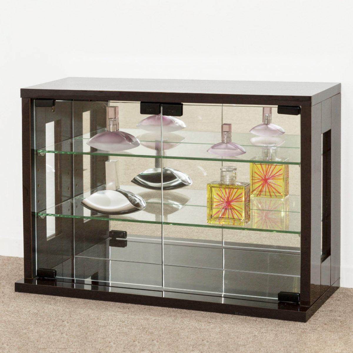 卓上コレクションケース 幅60cm 横型 ガラス ( コレクションラック 卓上 収納 ディスプレイケース ガラス扉 飾り棚 フィギュア フィギュアケース 透明 ケース ガラス棚 背面ミラー ホワイト ダークブラウン ) 【ダークブラウン】 ダークブラウン
