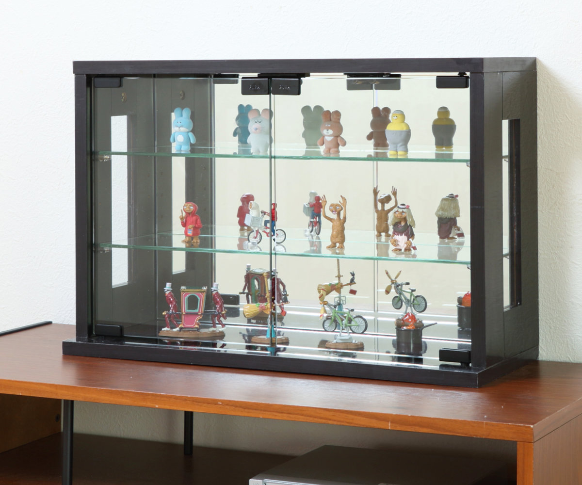 卓上コレクションケース 幅60cm 横型 ガラス ( コレクションラック 卓上 収納 ディスプレイケース ガラス扉 飾り棚 フィギュア フィギュアケース 透明 ケース ガラス棚 背面ミラー ホワイト ダークブラウン ) 【ダークブラウン】 ダークブラウン