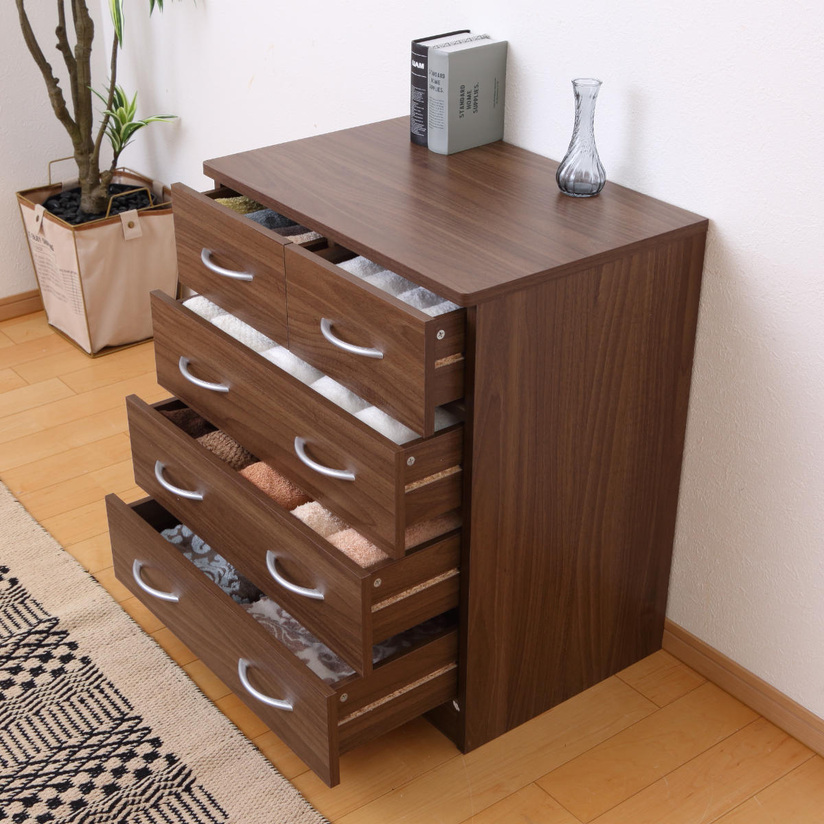 チェスト 幅60cm 4段 北欧風 ブルーム ( 4段 5杯 たんす タンス リビングチェスト 収納 リビング収納 衣類収納 箪笥 木目 ホワイト 白 ブラウン 茶色 おしゃれ ) 【ウォールナット】 ウォールナット