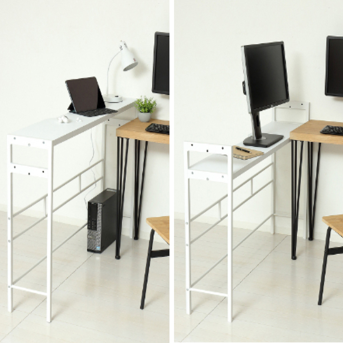 モニターテーブル 幅125cm デュアルモニター対応 モニタースタンド ( テーブル デスク 机 奥行25cm スリム 2段階 高さ調節 モニター2台設置 パソコンデスク 配線収納付き スチールフレーム アジャスター付き リモートワーク ゲーム ) 【ホワイト】 ホワイト