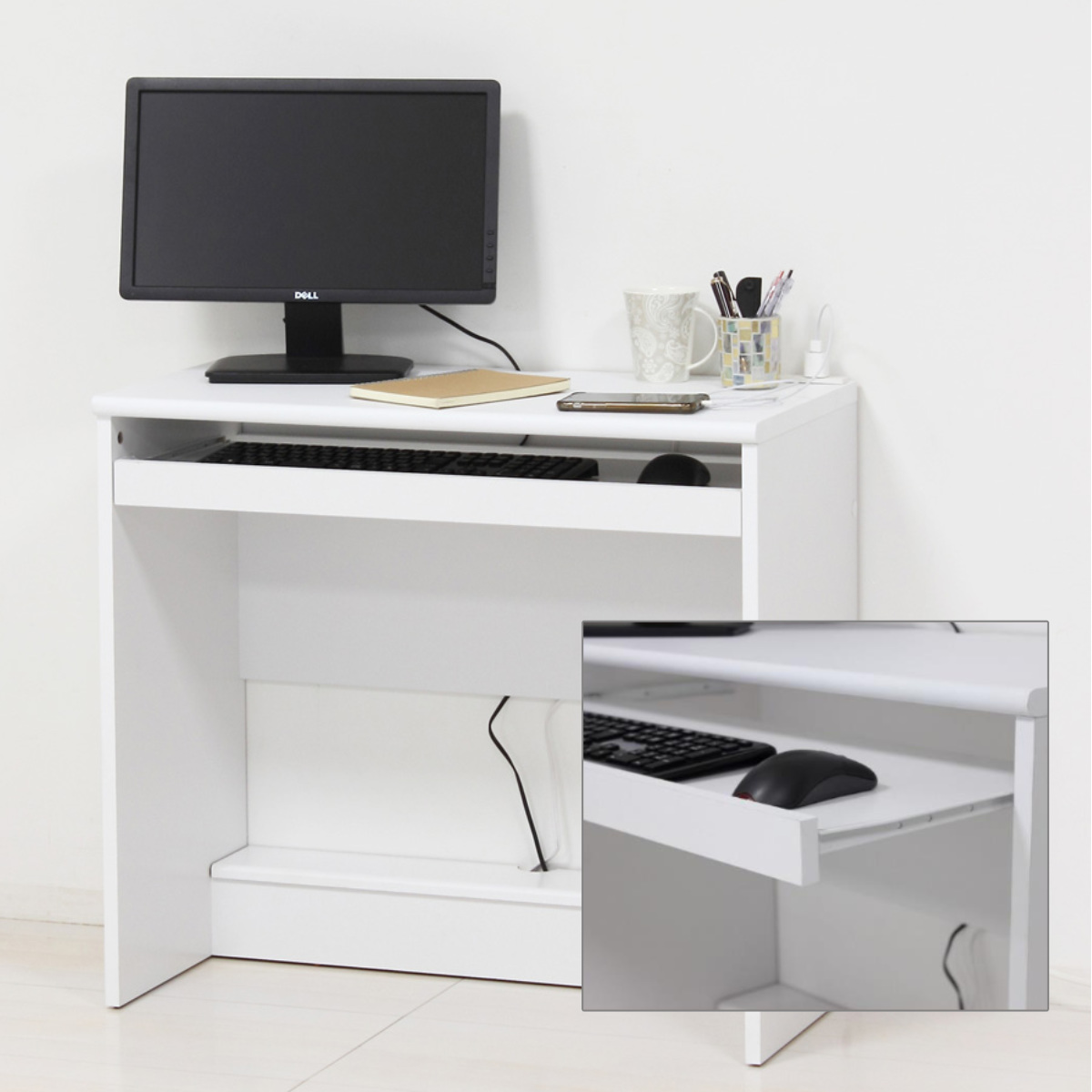 パソコンデスク 幅80cm フットレスト付き 配線収納 スリム ( デスク 机 奥行39cm コンパクト スライドテーブル付き 2口コンセント ワークデスク 足置き タップ収納 パソコン PC キーボード 配線穴 リビング学習 仕事 リモート 在宅 ) 【ホワイト】 ホワイト
