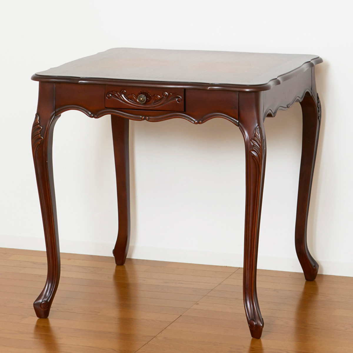 ダイニングテーブル 幅75cm コモ 引出付き 猫脚 ( テーブル 食卓テーブル 正方形 机 木製 天然木 ダイニング 食卓 アンティーク調 引き出し 収納付き リビングテーブル 作業台 木製テーブル ウッドテーブル マホガニー コンパクト ) 【ブラウン】 ブラウン