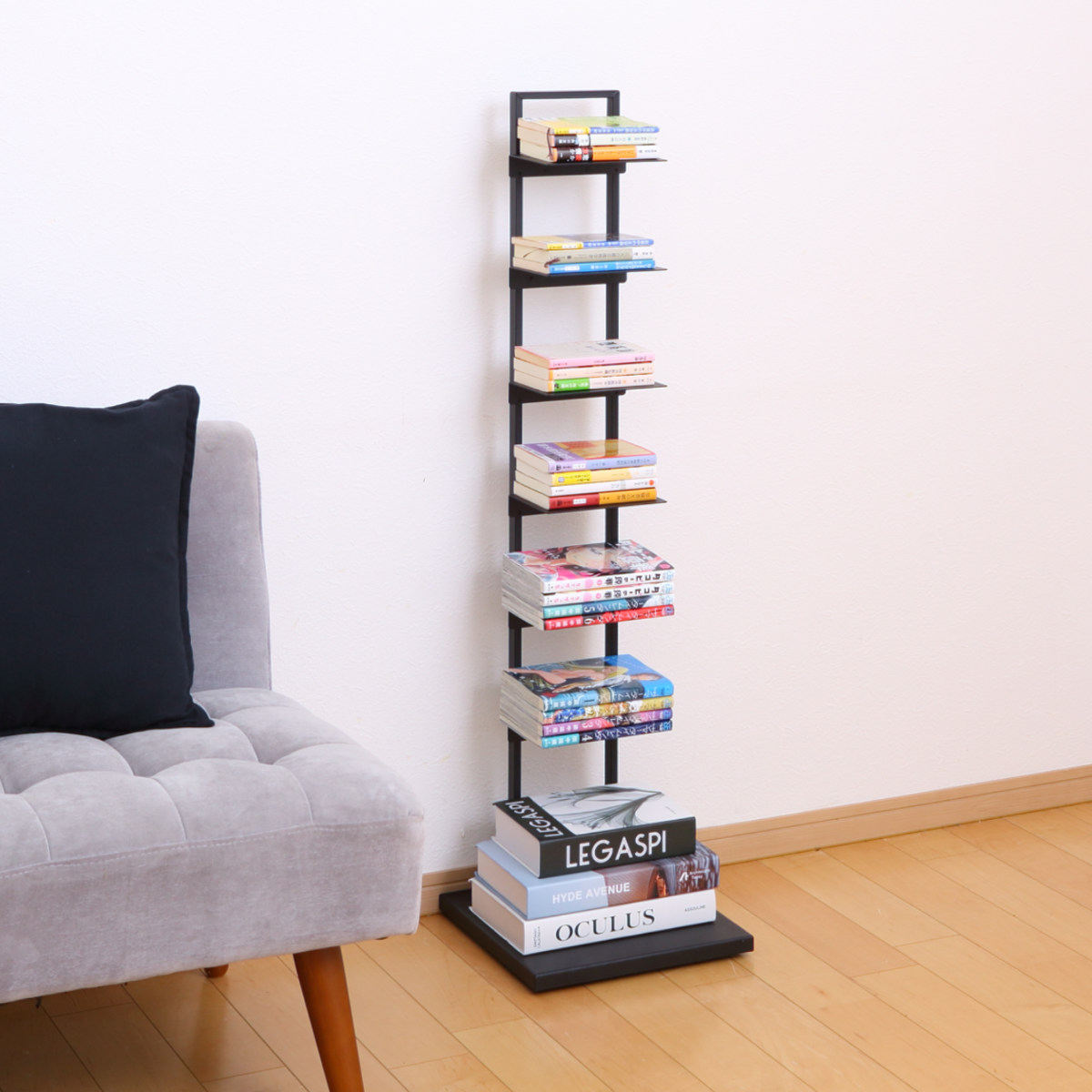 ブックタワー 幅30cm キャスター付き 高さ110cm 積読 つんどく ( マガジンラック ブックシェルフ 6段 本棚 ラック 収納 スリム スチール 可動棚 インテリア ディスプレイ 高さ調節 隠しキャスター ブラック グレー ) 【グレー】 グレー