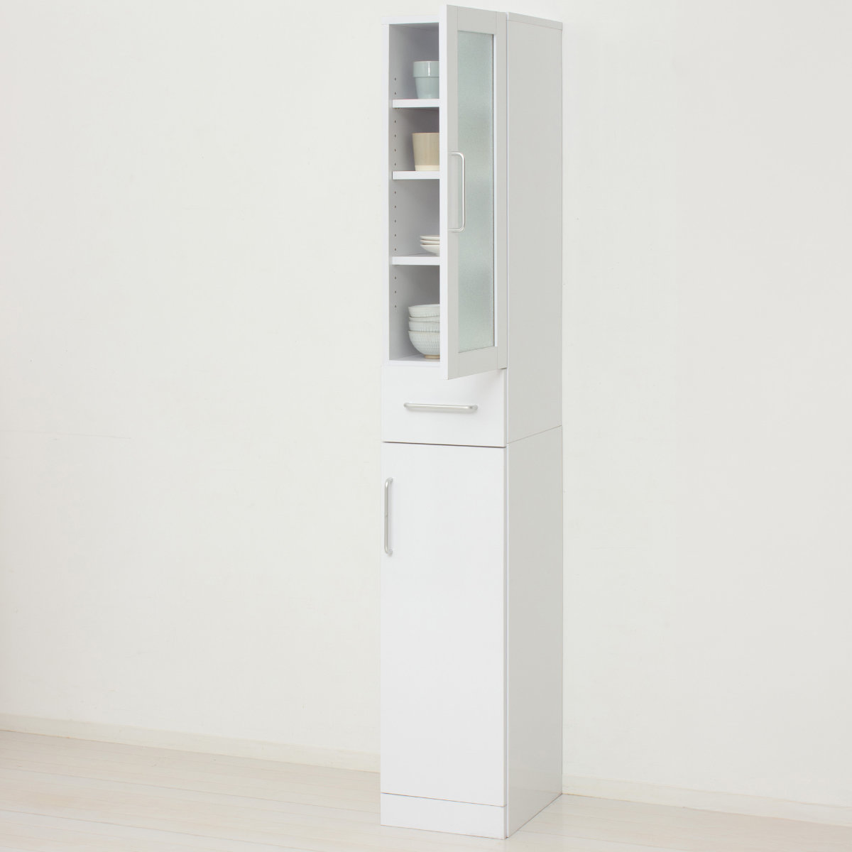 食器棚 幅30cm 高さ180cm メラミン すりガラス 背面化粧 ( カップボード キッチン 収納 可動棚 引出し 食器収納 スリム 隙間収納 ホワイト 転倒防止 家具 シンプル )