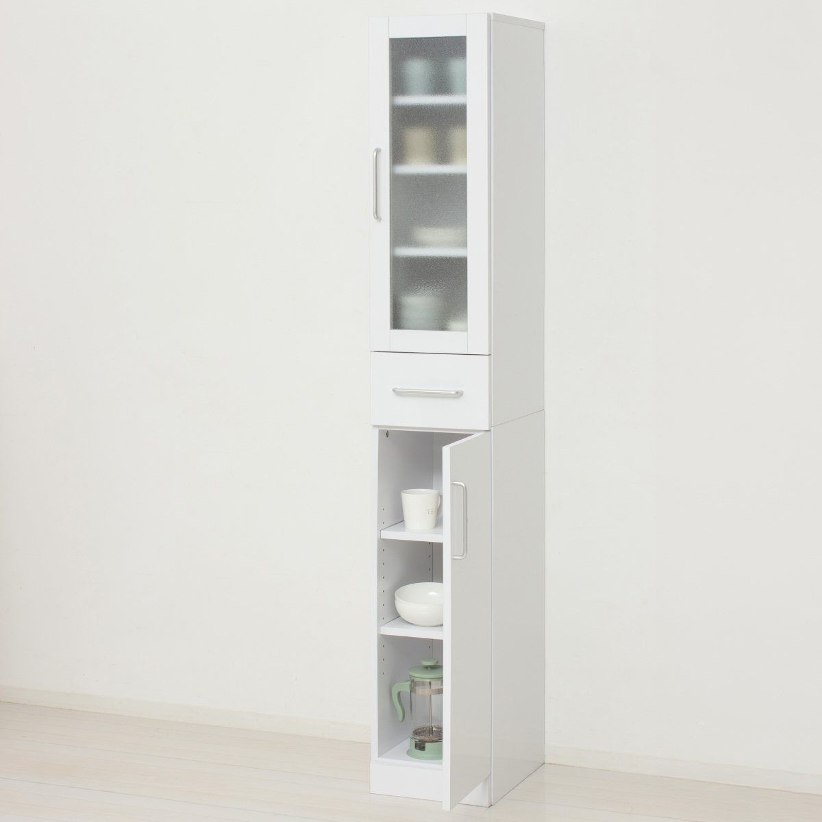 食器棚 幅30cm 高さ180cm メラミン すりガラス 背面化粧 ( カップボード キッチン 収納 可動棚 引出し 食器収納 スリム 隙間収納 ホワイト 転倒防止 家具 シンプル )