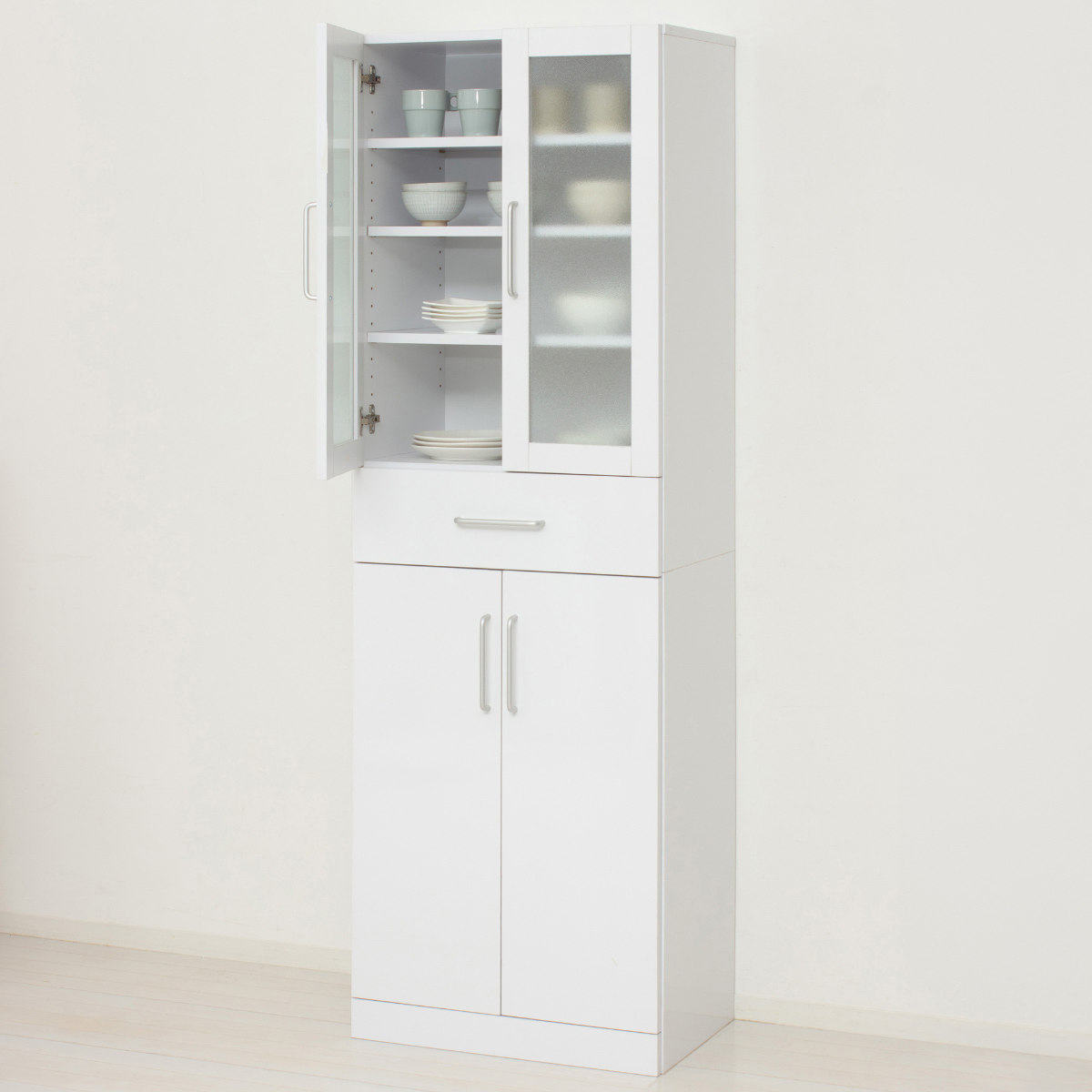 食器棚 幅60cm 高さ180cm メラミン すりガラス 背面化粧 ( カップボード キッチン 収納 可動棚 引出し 大容量 食器収納 スリム 隙間収納 ホワイト 転倒防止 家具 シンプル )
