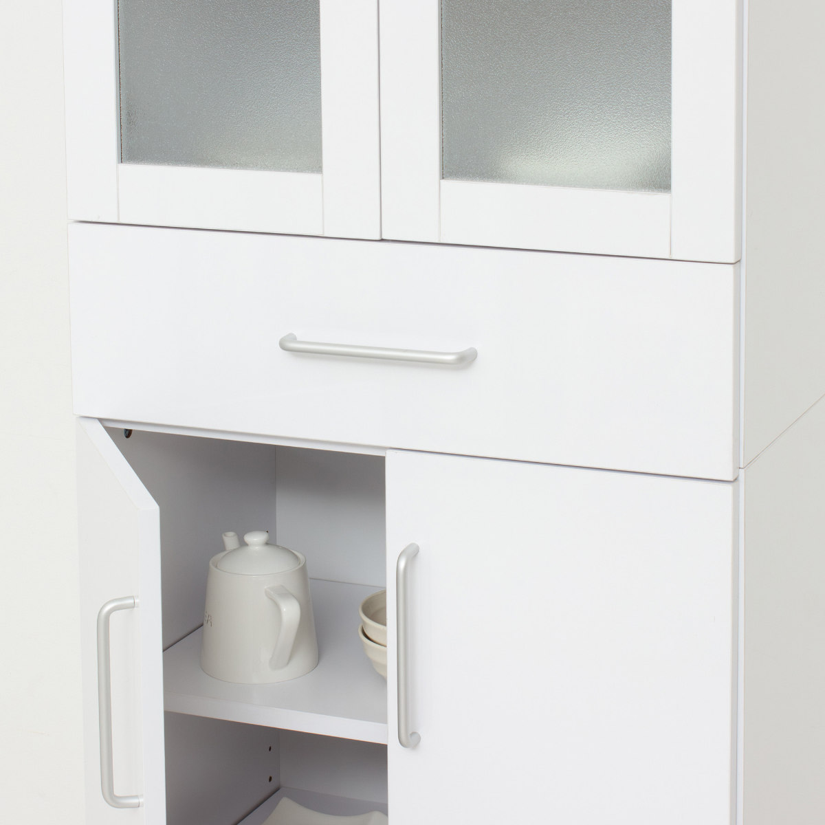 食器棚 幅60cm 高さ180cm メラミン すりガラス 背面化粧 ( カップボード キッチン 収納 可動棚 引出し 大容量 食器収納 スリム 隙間収納 ホワイト 転倒防止 家具 シンプル )