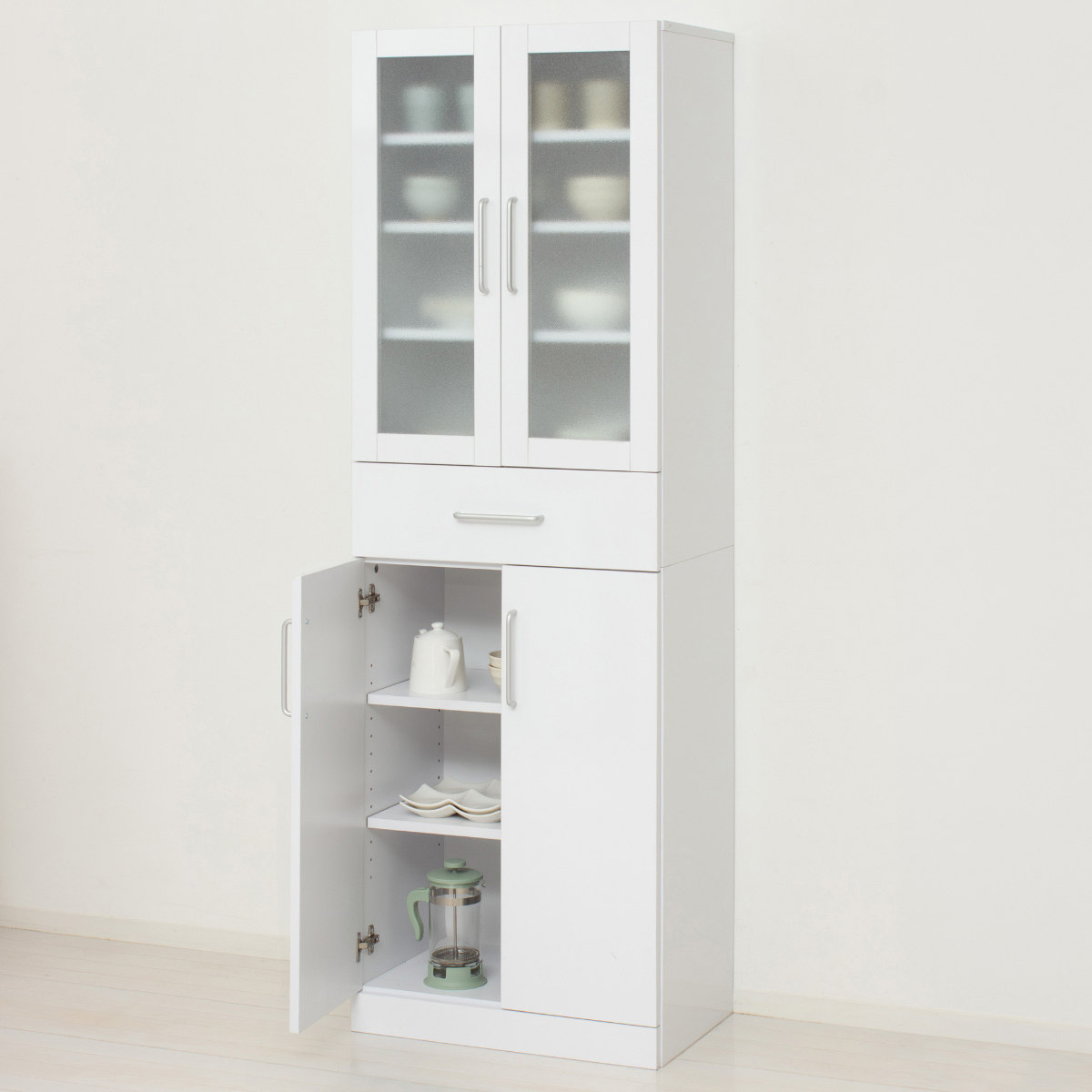 食器棚 幅60cm 高さ180cm メラミン すりガラス 背面化粧 ( カップボード キッチン 収納 可動棚 引出し 大容量 食器収納 スリム 隙間収納 ホワイト 転倒防止 家具 シンプル )