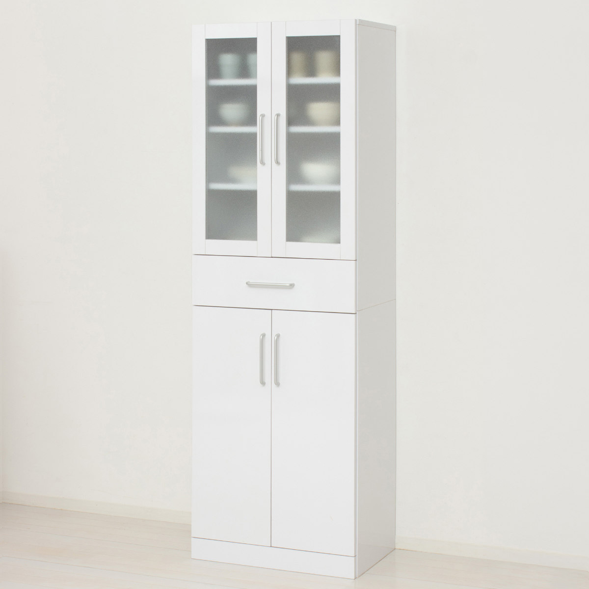 食器棚 幅60cm 高さ180cm メラミン すりガラス 背面化粧 ( カップボード キッチン 収納 可動棚 引出し 大容量 食器収納 スリム 隙間収納 ホワイト 転倒防止 家具 シンプル )