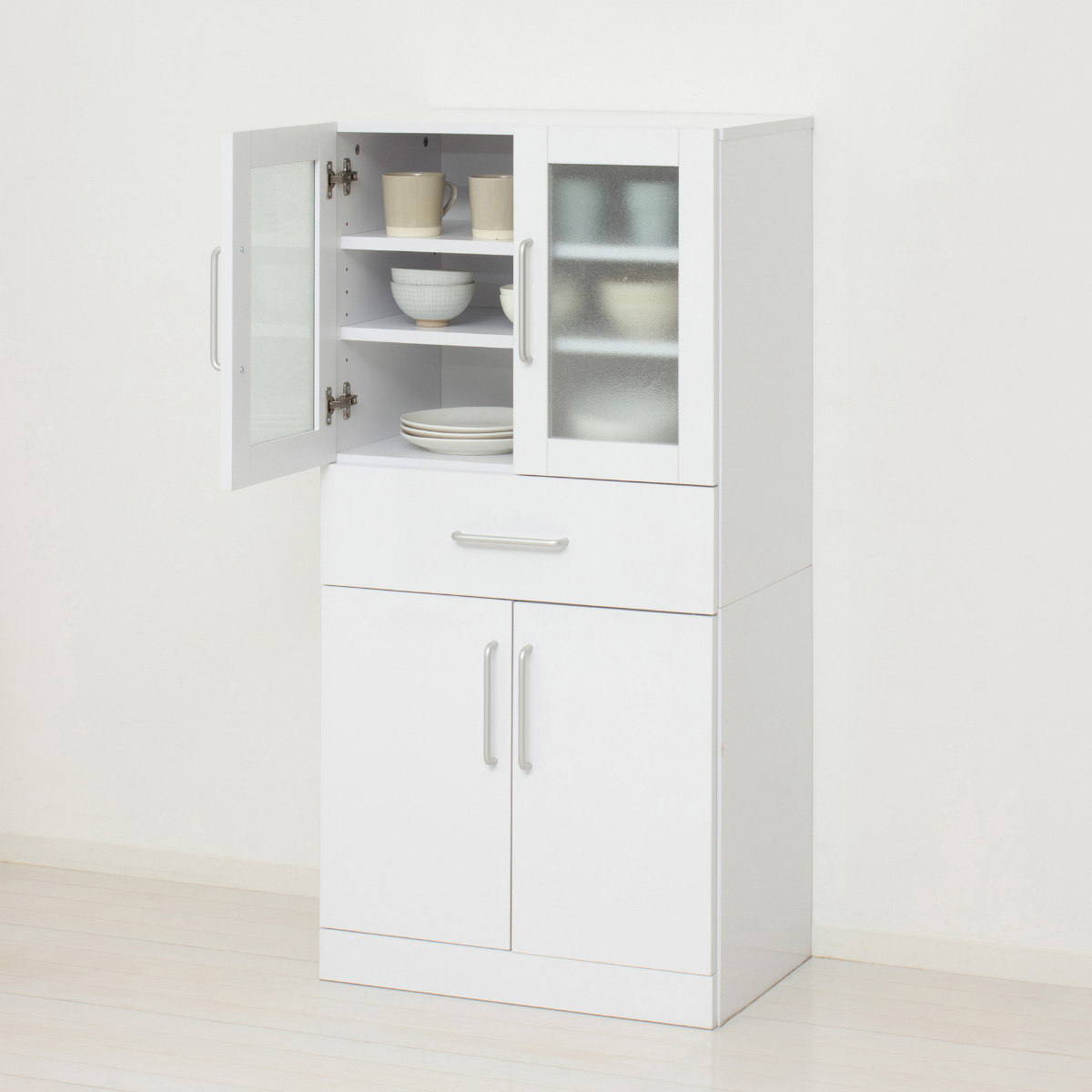 食器棚 幅60cm 高さ120cm メラミン すりガラス 背面化粧 ( カップボード キッチン 収納 可動棚 引出し 大容量 食器収納 スリム 隙間収納 ホワイト 家具 シンプル )