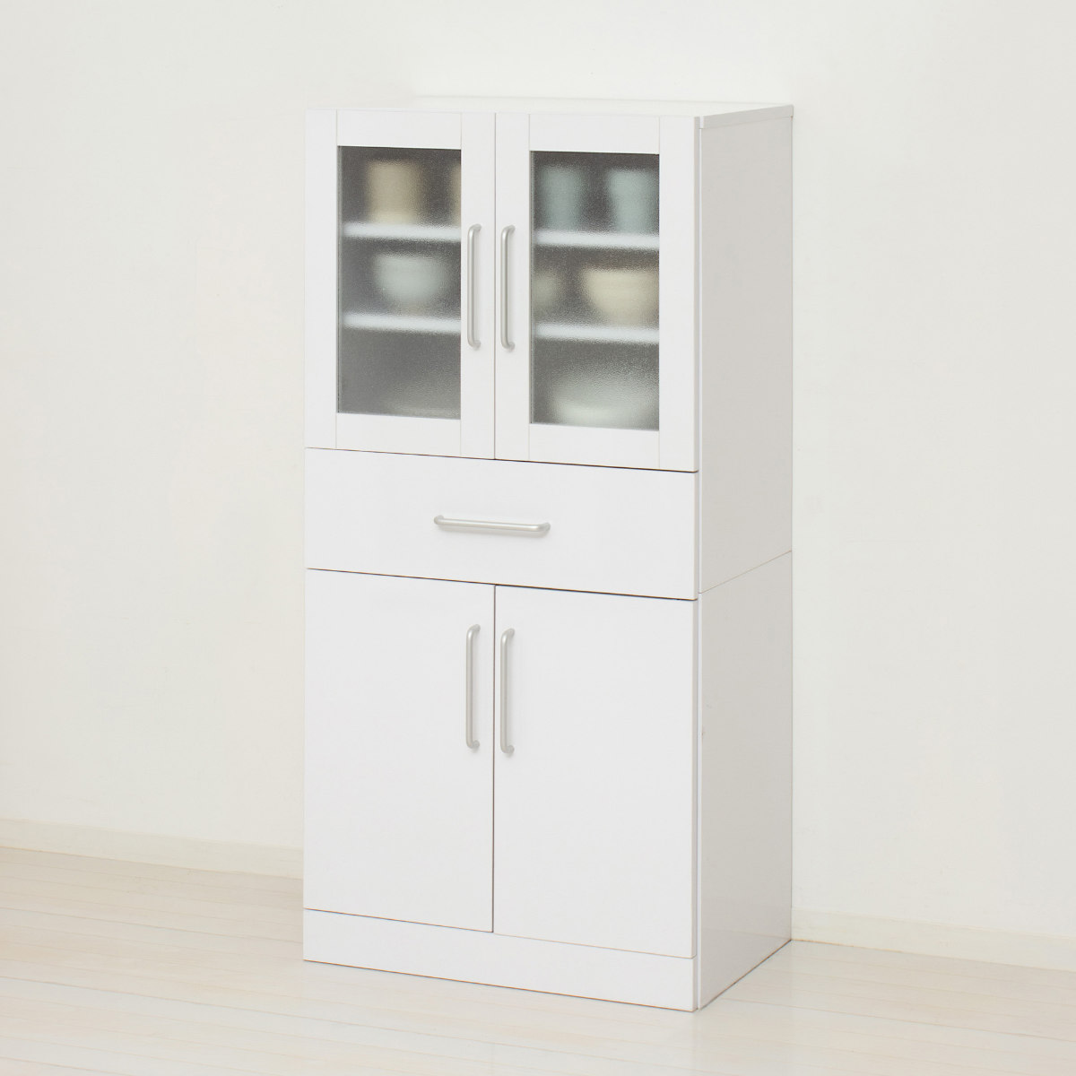 食器棚 幅60cm 高さ120cm メラミン すりガラス 背面化粧 ( カップボード キッチン 収納 可動棚 引出し 大容量 食器収納 スリム 隙間収納 ホワイト 家具 シンプル )