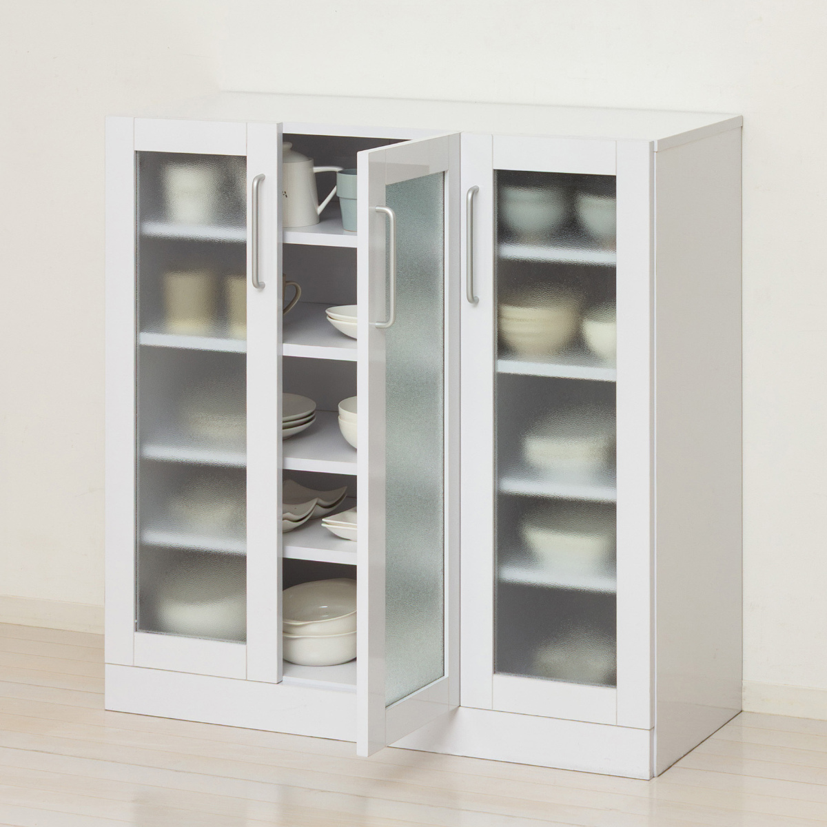 食器棚 幅89.5cm 高さ90cm メラミン すりガラス 背面化粧 ( カップボード キッチン 収納 可動棚 引出し 大容量 食器収納 スリム 隙間収納 ホワイト 家具 シンプル )