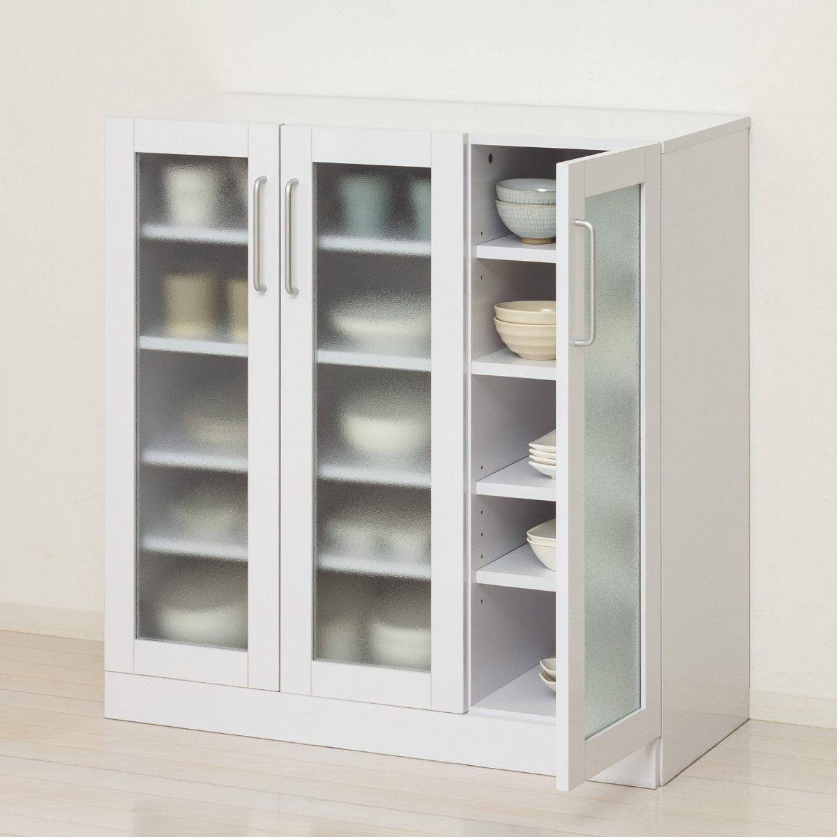 食器棚 幅89.5cm 高さ90cm メラミン すりガラス 背面化粧 ( カップボード キッチン 収納 可動棚 引出し 大容量 食器収納 スリム 隙間収納 ホワイト 家具 シンプル )