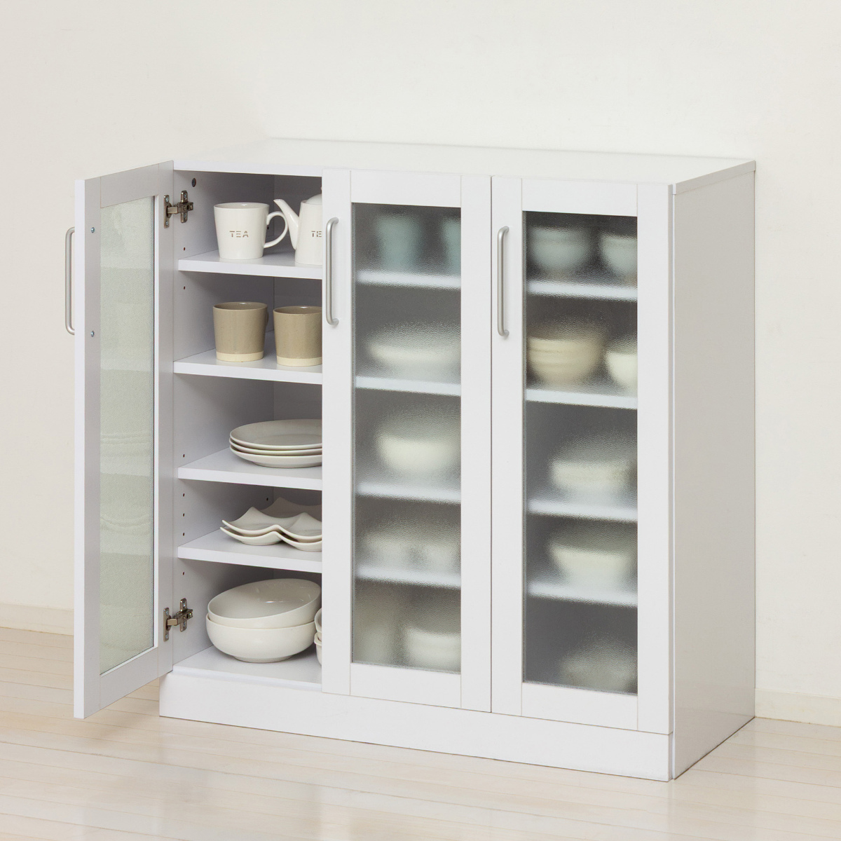 食器棚 幅89.5cm 高さ90cm メラミン すりガラス 背面化粧 ( カップボード キッチン 収納 可動棚 引出し 大容量 食器収納 スリム 隙間収納 ホワイト 家具 シンプル )