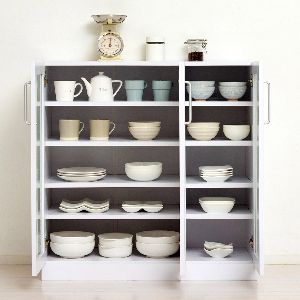 食器棚 幅89.5cm 高さ90cm メラミン すりガラス 背面化粧 ( カップボード キッチン 収納 可動棚 引出し 大容量 食器収納 スリム 隙間収納 ホワイト 家具 シンプル )