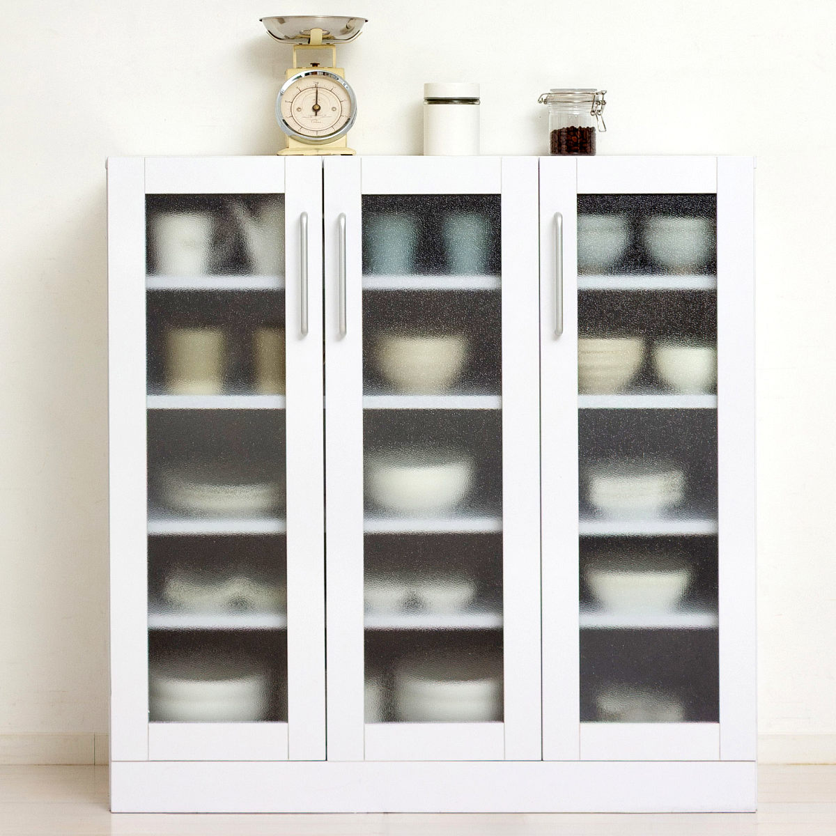 食器棚 幅89.5cm 高さ90cm メラミン すりガラス 背面化粧 ( カップボード キッチン 収納 可動棚 引出し 大容量 食器収納 スリム 隙間収納 ホワイト 家具 シンプル )