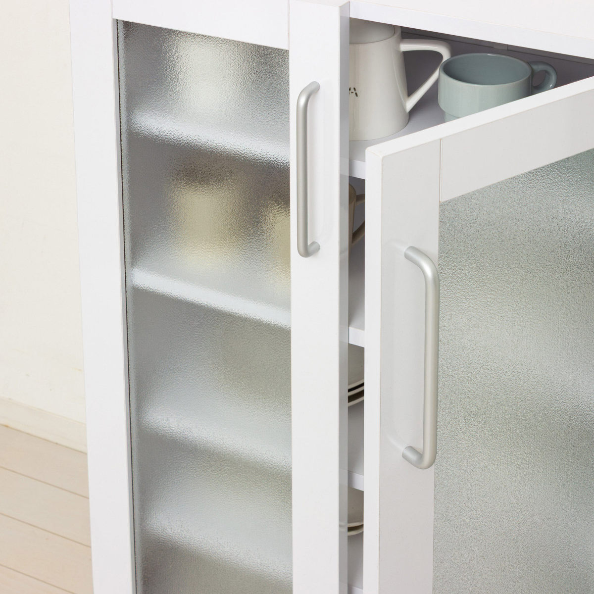 食器棚 幅89.5cm 高さ90cm メラミン すりガラス 背面化粧 ( カップボード キッチン 収納 可動棚 引出し 大容量 食器収納 スリム 隙間収納 ホワイト 家具 シンプル )