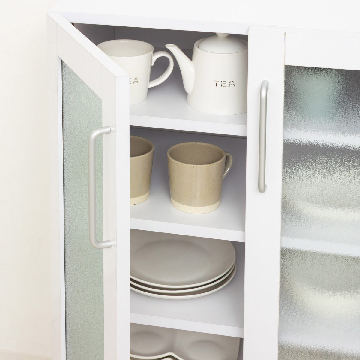 食器棚 幅89.5cm 高さ90cm メラミン すりガラス 背面化粧 ( カップボード キッチン 収納 可動棚 引出し 大容量 食器収納 スリム 隙間収納 ホワイト 家具 シンプル )