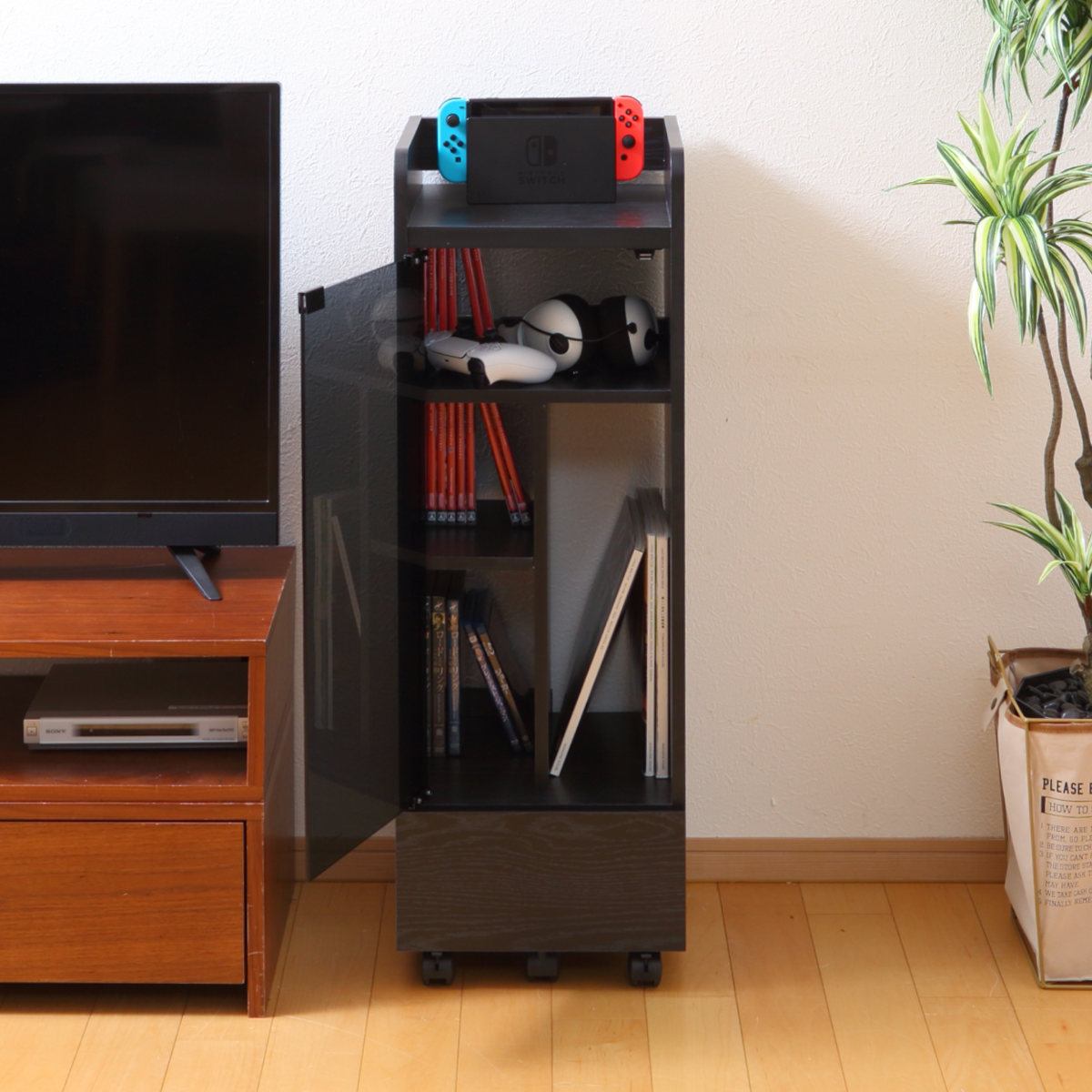 ゲーム機ラック 幅32cm スリム キャスター付き ( ゲーム機収納 ラック 棚 充電スタンド PS5対応 ゲームラック ゲーミング ゲーム機 ブラウン ブラック 引出し すき間 ) 【ブラウン】 ブラウン