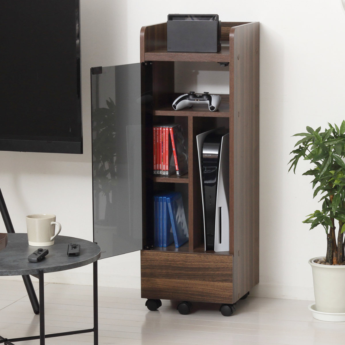 ゲーム機ラック 幅32cm スリム キャスター付き ( ゲーム機収納 ラック 棚 充電スタンド PS5対応 ゲームラック ゲーミング ゲーム機 ブラウン ブラック 引出し すき間 ) 【ブラウン】 ブラウン