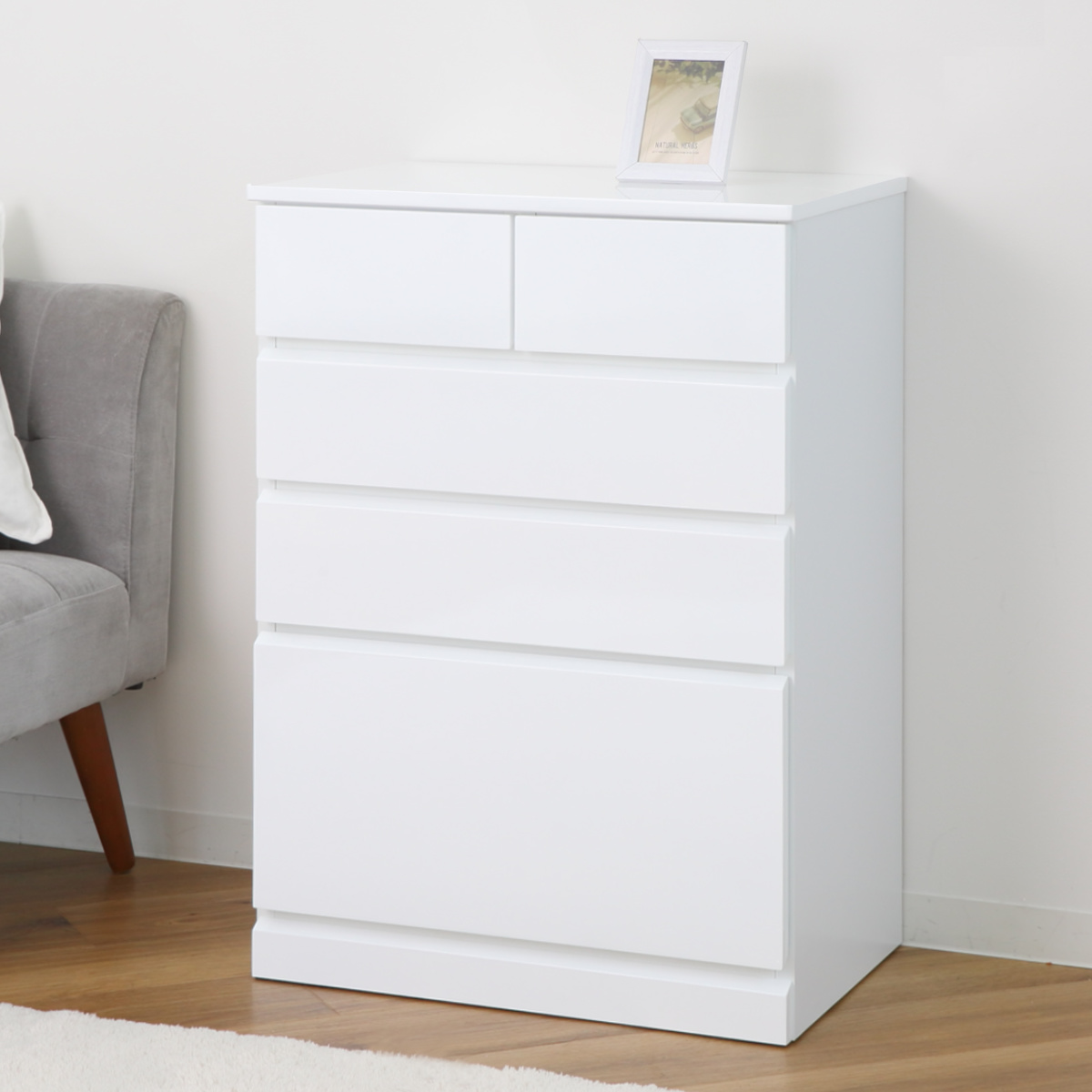 ハイチェスト 幅60cm 引出し5杯 鏡面仕上げ 完成品 ( チェスト 収納 引出し 鏡面 クローゼット 4段 5杯 フルオープン お手入れ簡単 衣類収納 ディスプレイ ホワイト )