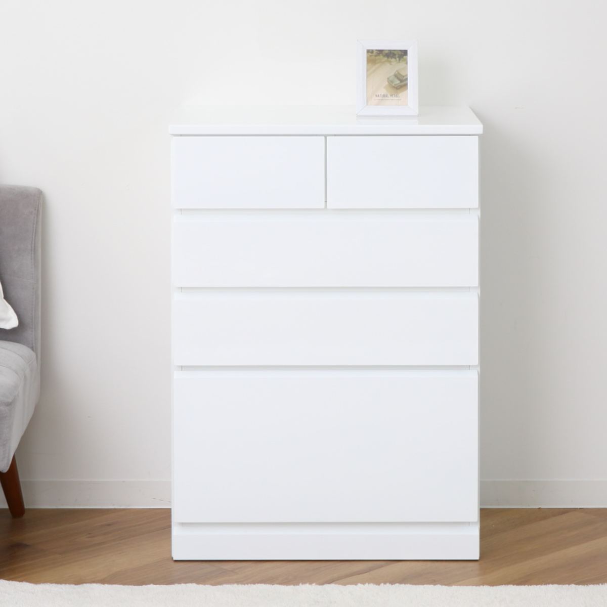 ハイチェスト 幅60cm 引出し5杯 鏡面仕上げ 完成品 ( チェスト 収納 引出し 鏡面 クローゼット 4段 5杯 フルオープン お手入れ簡単 衣類収納 ディスプレイ ホワイト )