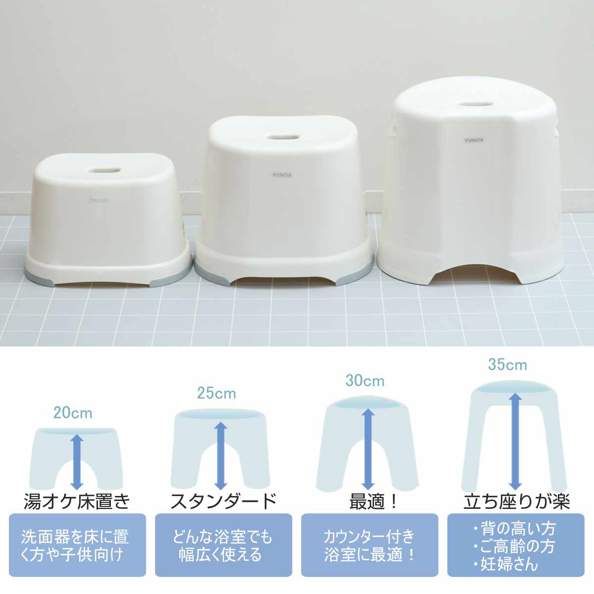 風呂イス バスチェア YUNOA 高さ21cm 防カビ ・ 抗菌 ニューホワイト ( 風呂椅子 風呂いす バスチェアー お風呂椅子 お風呂イス シャワーチェア カビ防止 銀イオン滑り止め すべり止め 軽量 白 シンプル 高さ 21cm 21 )