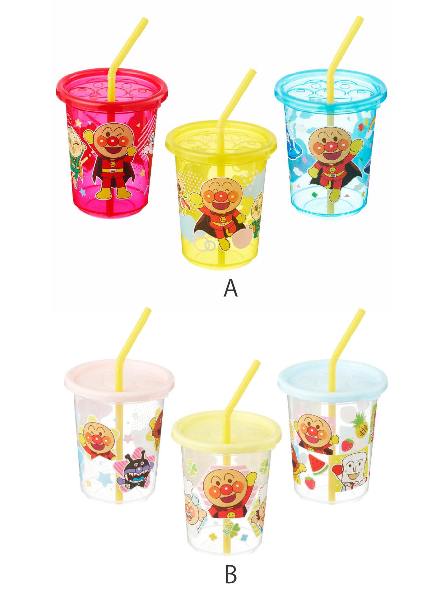 コップ アンパンマン ストローカップ 3個入 Aタイプ Bタイプ ( 日本製 ストロー ストローコップ ストロータンブラー キャラクター カップ かわいい スタッキング ふた付き 軽量 アウトドア パーティー 子ども キッズ ) 【A】 A
