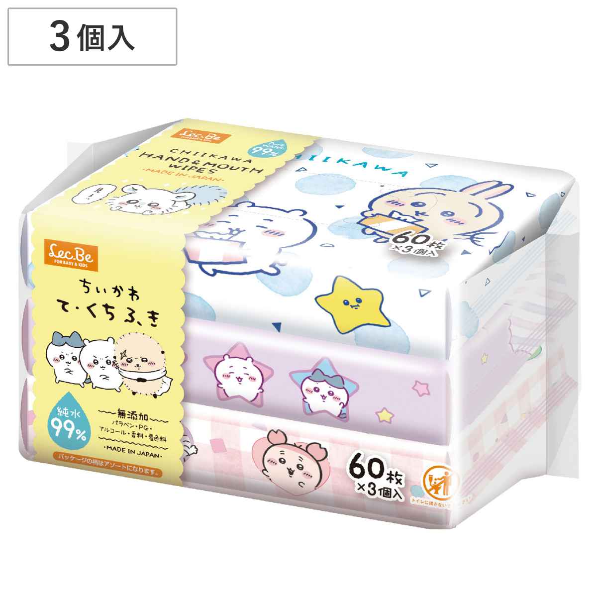 手口ふき ちいかわ 60枚入り 3個入り 純水99％ ※柄は選べません （ ウェットティッシュ ウェットシート 手口拭き おてふき お手拭き 日本製 出産準備 消耗品 かわいい ハチワレ うさぎ 赤ちゃん ベビー 無添加 敏感肌 保湿 ）